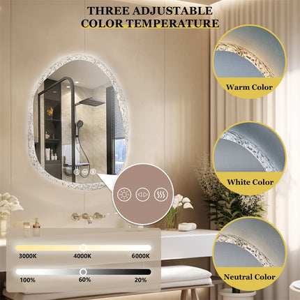 LED Bathroom Mirror Irregular Vanity Mirror With Backlit  Clear-crystal Glass Frame Wall Mounted Mirror 3 Colors Setting Anti-fo