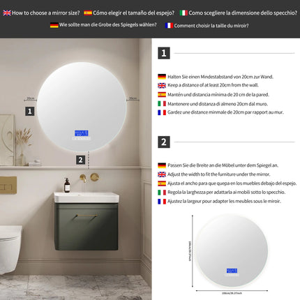 Multi Functional Circular Bathroom Mirror, Wall Mirror with Temperature Display, Defogging Function, and Brightness Adjustment