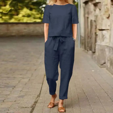 Women's Cotton Linen Suit Summer Matching Suit Half-sleeved Round Neck Tie Elastic Waist Trousers