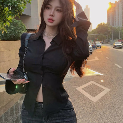 Gidyq Fashion Women Bandage Shirts Korean All Match Streetwear Female Slim Blouse Spring Casual White Bell Sleeve Shirt New