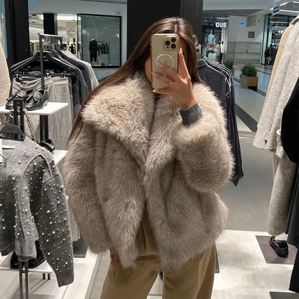 Coat Women High Street Luxury Big Fur Collar Faux Fox Fur Jacket Female,