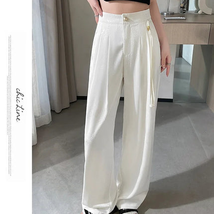 New Chinese Style Jacquard Wide Leg Satin Pants for Women Elegant Solid Office Lady Women's Casual Loose Pants Female