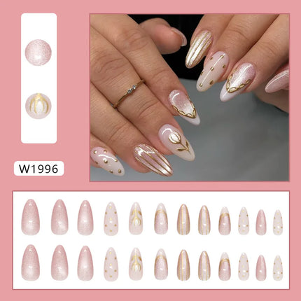 24pcs White Flower Fake Nail Tips Ins Yellow Pink Blush False Nails