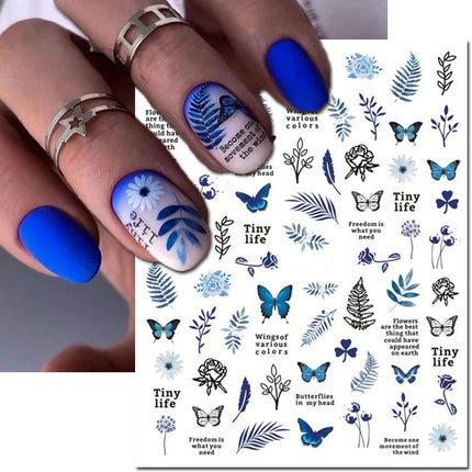 3d Nail Art Decals Elegant White RoyalBlue Roses Flowers