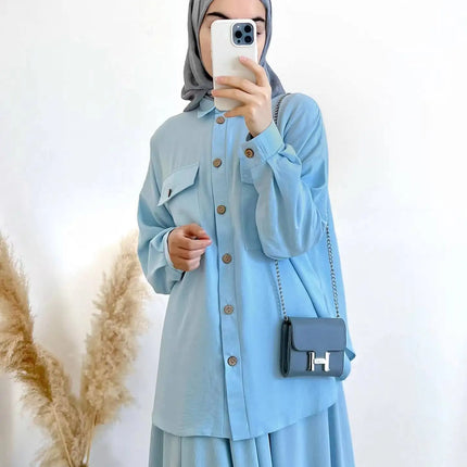2-Piece Long Sleeve Shirt and Skirts Set for Women Elegant Abaya Dubai Turkey Islamic Casual Tops Monochromatic Skirt Fashion