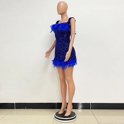 Spring And Summer Women's Clothing MINI Short Solid Color New Wind Sequins Halter Beach Dress One-word Shoulder Feathers Spice G