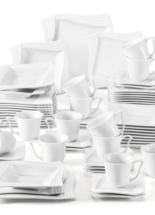 MALACASA Amparo 30/60 Piece White Porcelain Dinnerware Set Cups Saucers Dessert Soup Dinner Plates Service for 6/12 Persone
