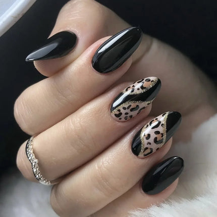 24pcs Leopard Print Almond Fake Press on Nails with Mini Flower Acrylic