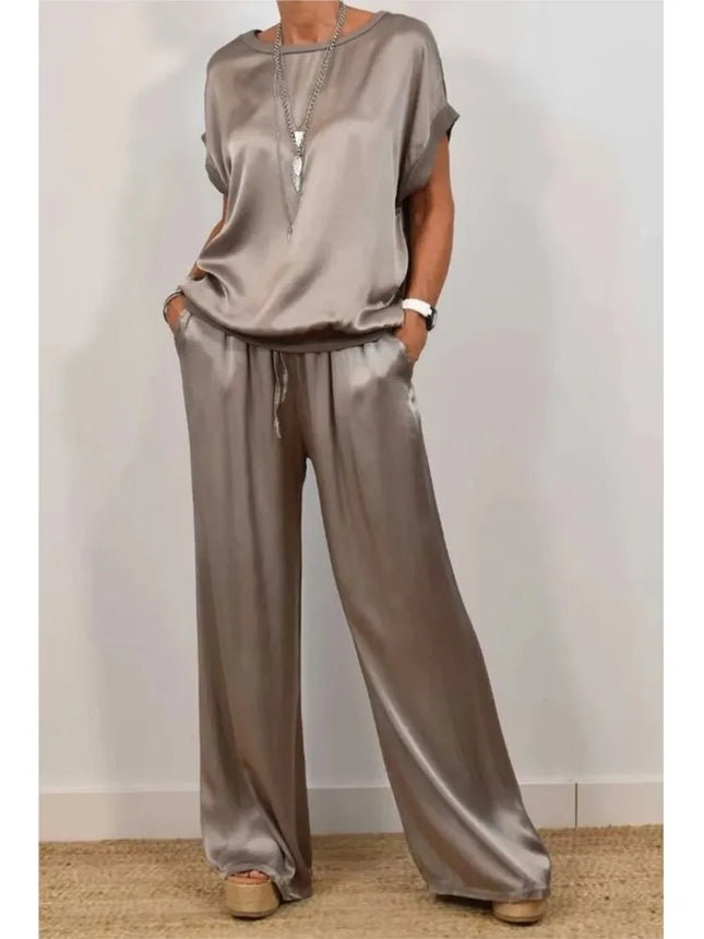 2-piece Set Fashion Satin O Neck T-shirt Top Trousers Summer Retro Elegant Casual Loose Wide