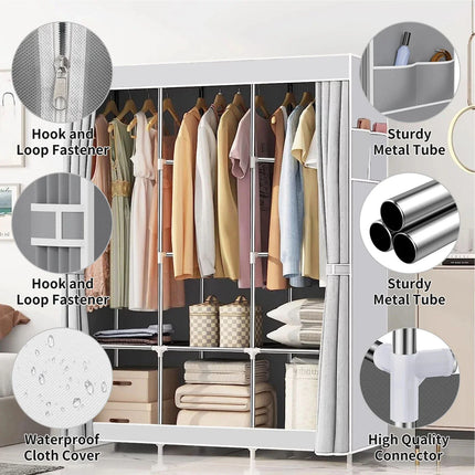 2025 New Upgraded Canvas Fabric Wardrobe Large Clothes Closet With Hanging Rail Shelving Clothes Storage Cupboard Gray