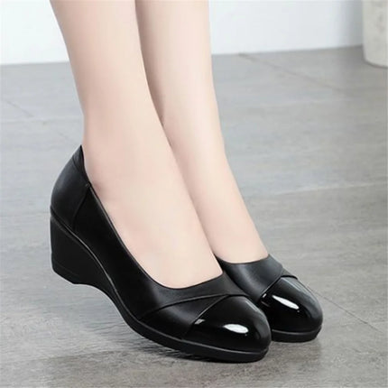light weight black spring comfort slip on wedge heel shoes lady cool black leather heel
