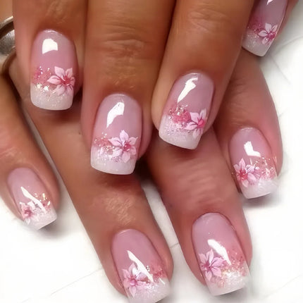 24Pcs Short Almond Press-On Nails Pink Floral French Tip Glossy&Elegant Full Cover