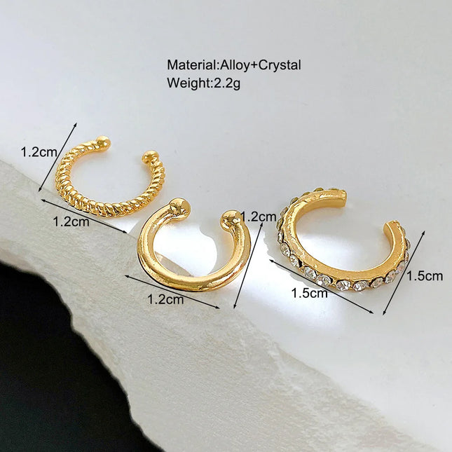 Fashion Simple Gold Color Crystal Clip Earrings for Women Girls Minimalist Metal Mirco Pave Rhinestone Fake Piercing Ear Jewelry