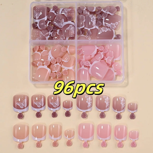 96Pcs-box Short Press On Toe Nails Red High Saturation Fake Toe Nails French