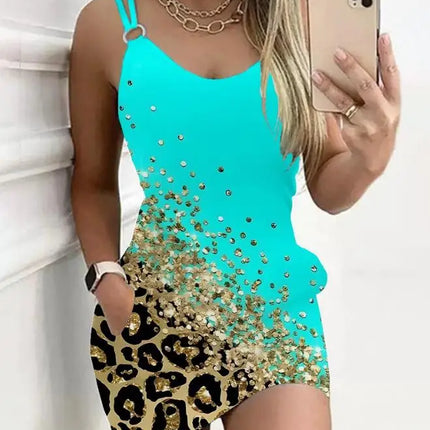 Y2K Fashion Women's Dress Casual Sexy Strap Sleeveless Denim Look Print Chain Decor Casual Dress 2025 Summer New Ottd