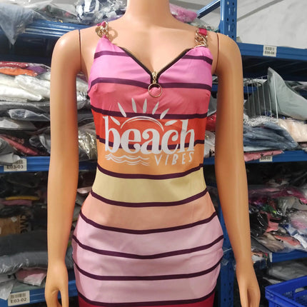 Y2K Fashion Women's Dress Casual Sexy Strap Sleeveless Denim Look Print Chain Decor Casual Dress 2025 Summer New Ottd