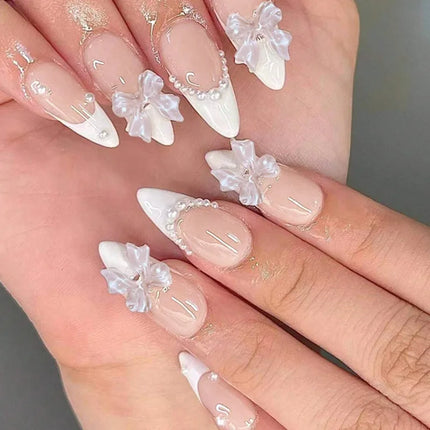 24pcs Sweet Cat Eye French Press on Nails Diamond-Pointed