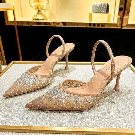 Luxury Designer Shiny Rhinestone Mesh Heeled Sandals Women Summer