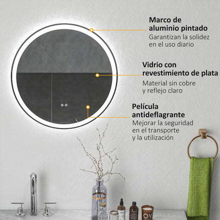 Kleankin round bathroom mirror with adjustable LED lights Ø 60 cm anti fog Silver