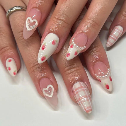 Blush Pink False Nails Bowknot Diamond Pearl 3D Design Press on Nail Tips