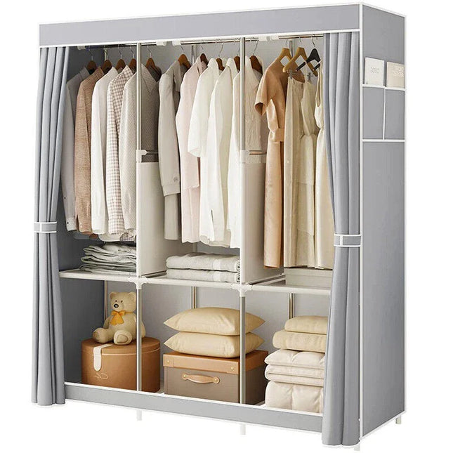 2025 New Upgraded Canvas Fabric Wardrobe Large Clothes Closet With Hanging Rail Shelving Clothes Storage Cupboard Gray