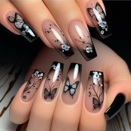 24pcs Short Square Press on Nails Jade Flower Sparkling