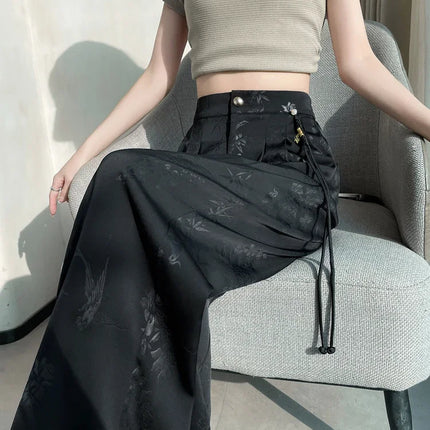 New Chinese Style Jacquard Wide Leg Satin Pants for Women Elegant Solid Office Lady Women's Casual Loose Pants Female