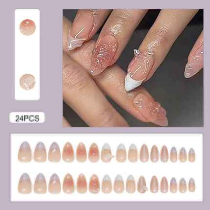 24pcs White Flower Fake Nail Tips Ins Yellow Pink Blush False Nails