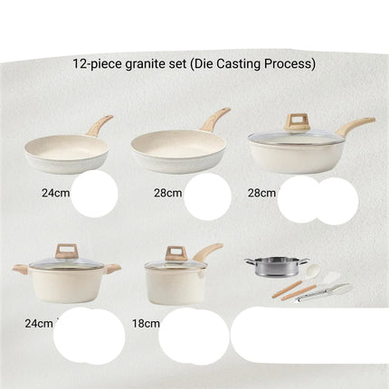 12-piece granite cookware set with various sizes and types on a light gray background