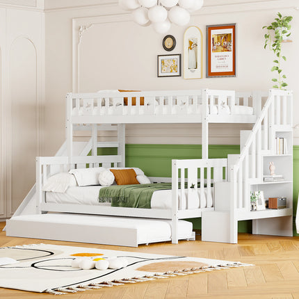 Children bed 90x200/140x200 cm, solid wood bunk bed with slide and shelf with safety levels, trundle bed and slatted frame, White
