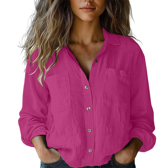 2025 Autumn Cotton Linen Breathable Solid Color Button Down V-neck Shirt Basic And Versatile Casual