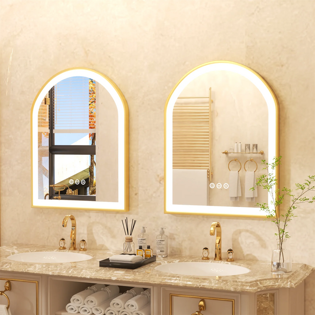 Gold Bathroom Mirror with Lights 36" LED Backlit Arch Wall Mirror Brushed Frame Touch Antifog 3 Colors Lights Adjust