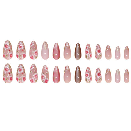 24Pcs Peach Blossom Press on Nails Cat's Eye Nude Glitter False Nail