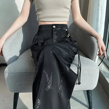 New Chinese Style Jacquard Wide Leg Satin Pants for Women Elegant Solid Office Lady Women's Casual Loose Pants Female