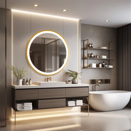 LUVODI 24 Inch Gold Frame Round Bathroom Mirror with Lights Illuminate Wall Vanity Mirror 3 Color Dimmable Anti-Fog Smart Mirror