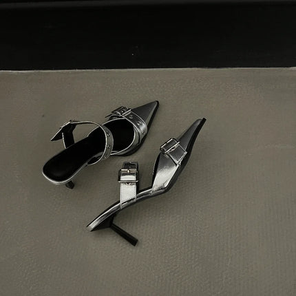 Punk Goth Metal Buckle High Heels Women's Sandals Summer 2024 Pointed Toe Silver Party Shoes Fashion Womens Pumps Shoes