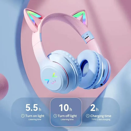 RGB Glow Earphones Wireless Earbuds 5.3 Cat Ear Bluetooth Sports Headphones Bluetooth