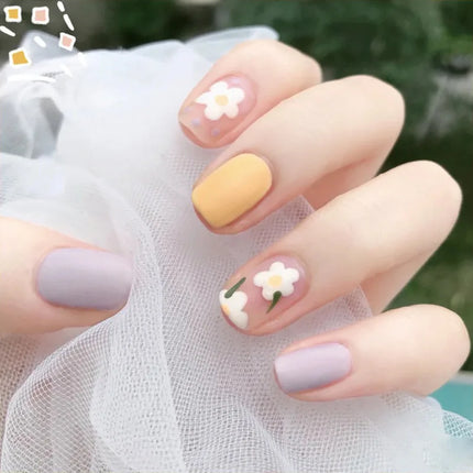 24Pcs Short Almond Press-On Nails Pink Floral French Tip Glossy&Elegant Full Cover