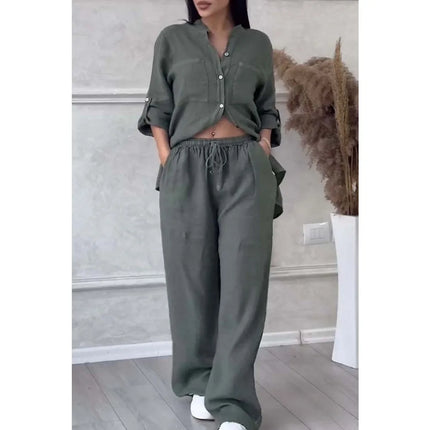 Women's Casual Linen-Cotton Solid Color Shirt 2026 Creative New Fashion Drawstring Wide-Leg Pants Set