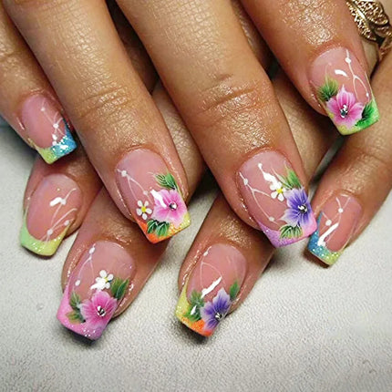 24pcs Short Square Press on Nails Jade Flower Sparkling