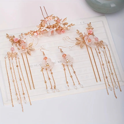 Chinese Long Pearl Hairpin Earring Tiara Set Headpiece Women Hair Accessories Flower Crystal Pearl Hanfu Hair Pins Comb Earring