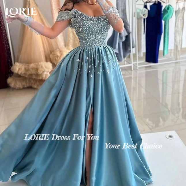 Off Shoulder Shiny Evening Dresses High Slit Beading Shiny Pearls Backless Prom Dress