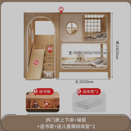 bunk bed tree house second floor same width children's  boy high and low  wood color child and mother slide
