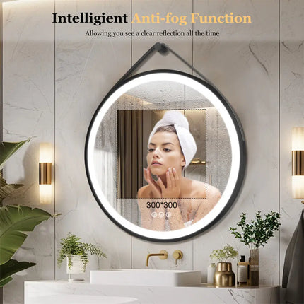 Round Mirror 600/700/800mm LED Bathroom Mirror Illuminated Wall Mirror Anti-fog Dimmable with Leather Belt