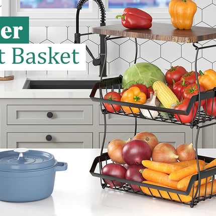 3 Tier Countertop Fruit Basket Bread Bowl with Wooden Top for Kitchen,Stackable Vegetable Onion Storage Wire Basket with Hangers