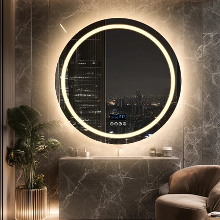LED Bathroom Mirror 800mm Round Wall Mirror Bluetooth Colour Dimmable Front+Backlit Anti-fog Memory Time Temperature Display