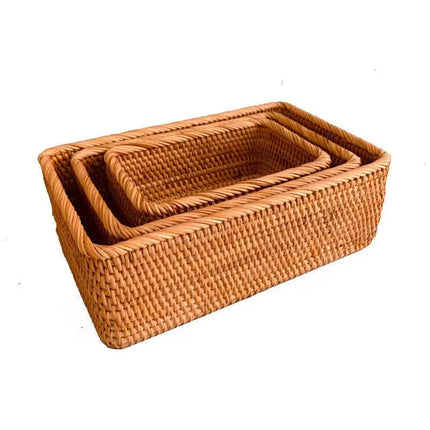 3 size Hand-woven Rattan Wicker Basket Fruit Tea Snack Bread Basket Cosmetic Rectangular Storage Box Household Kitchen Supplies