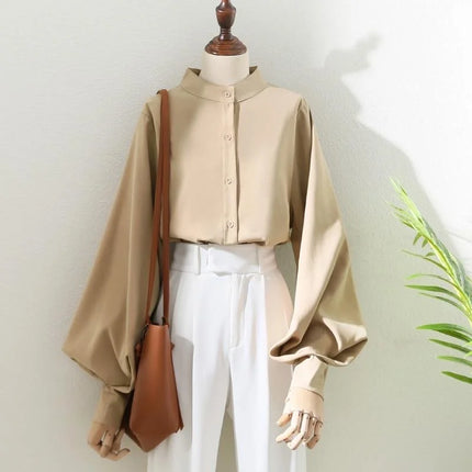 Woman Spring Autumn Style Blouses Shirt Lady Long Lantern Sleeve Stand Collar Loose Blusas Tops DF4847