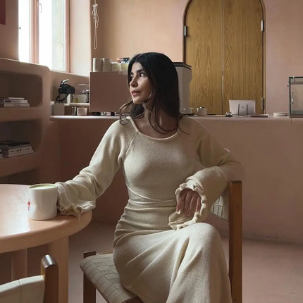 Cryptographic Elegant Knitted Sweater Maxi Dress Outfits for Women Flare Sleeve Sexy Backless Dresses Edible Tree Fungus Clothes