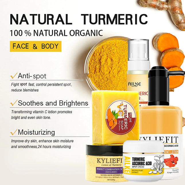 Organic Turmeric Skin Care Set, Reduce Acne, Cleaning Skin, Exfoliation, Whiten Skin, Even Skin Tone, Improve Dry Skin